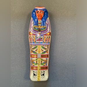 Ancient Egyptian mummy sarcophagus shaped tin pencil case in the form of a mummy